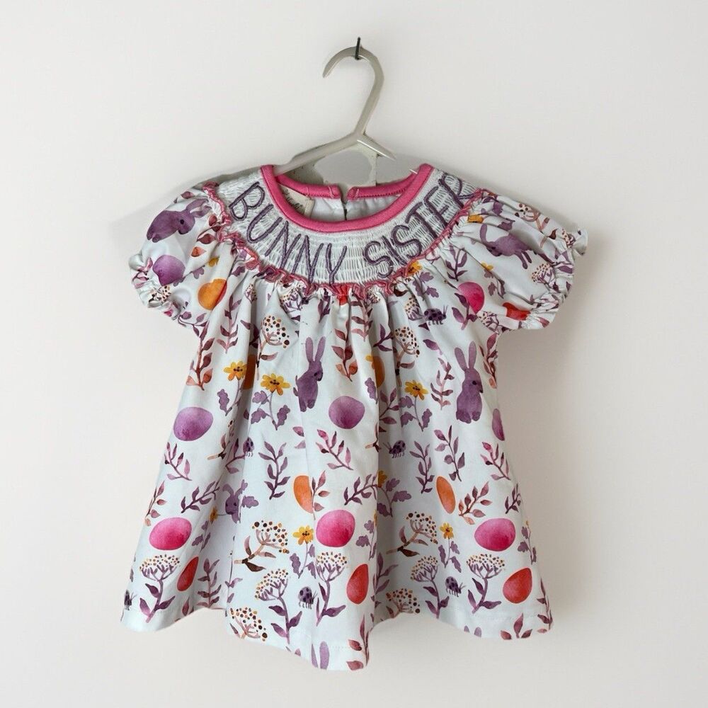 Marie Nicole Clothing Smocked Bunny Sister  Dress Girls Easter Size 6-12m